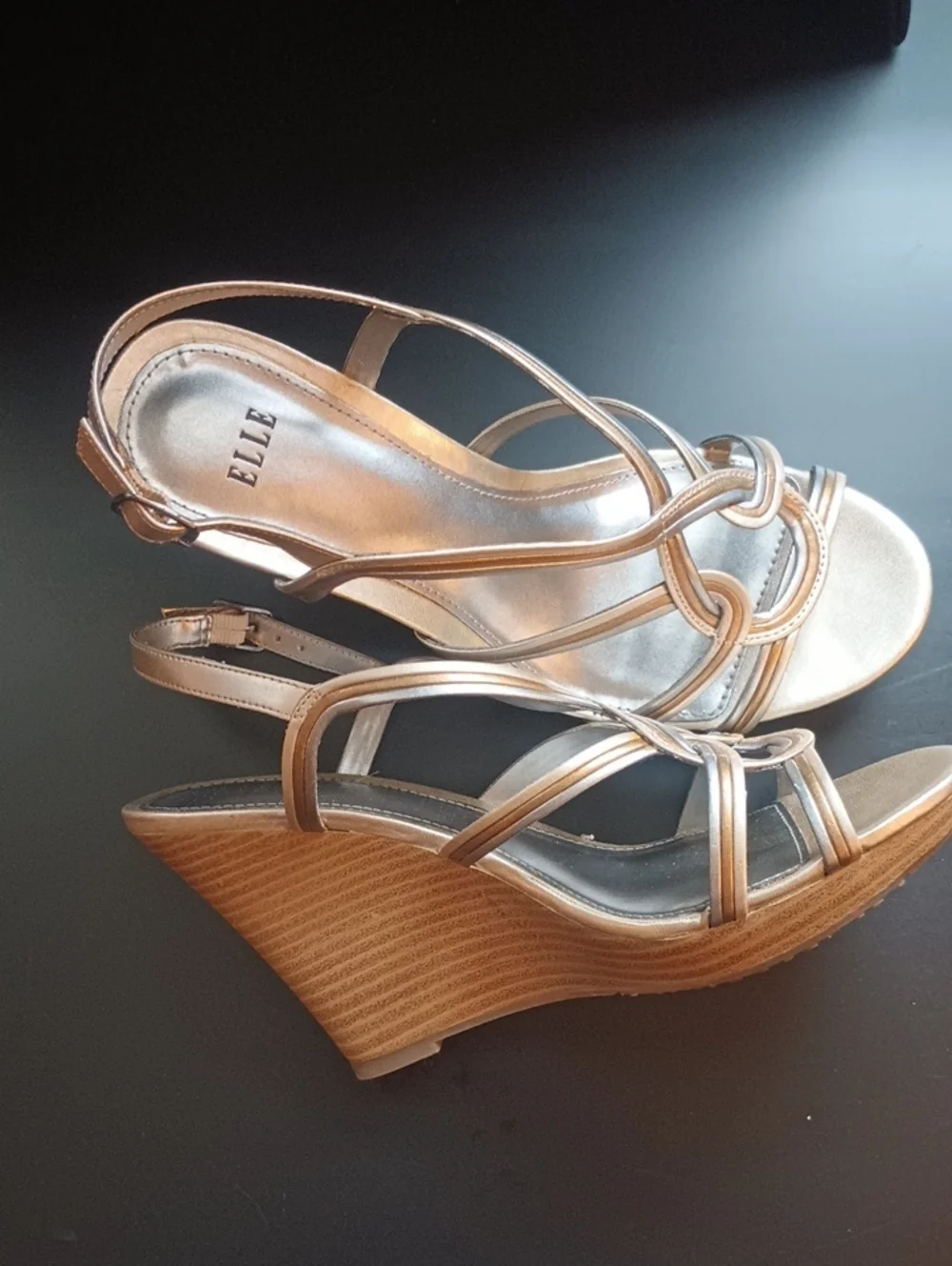 ELLE Metallic Rose Gold Strappy Wedge Sandals Woman's Size 7 Special Occasion